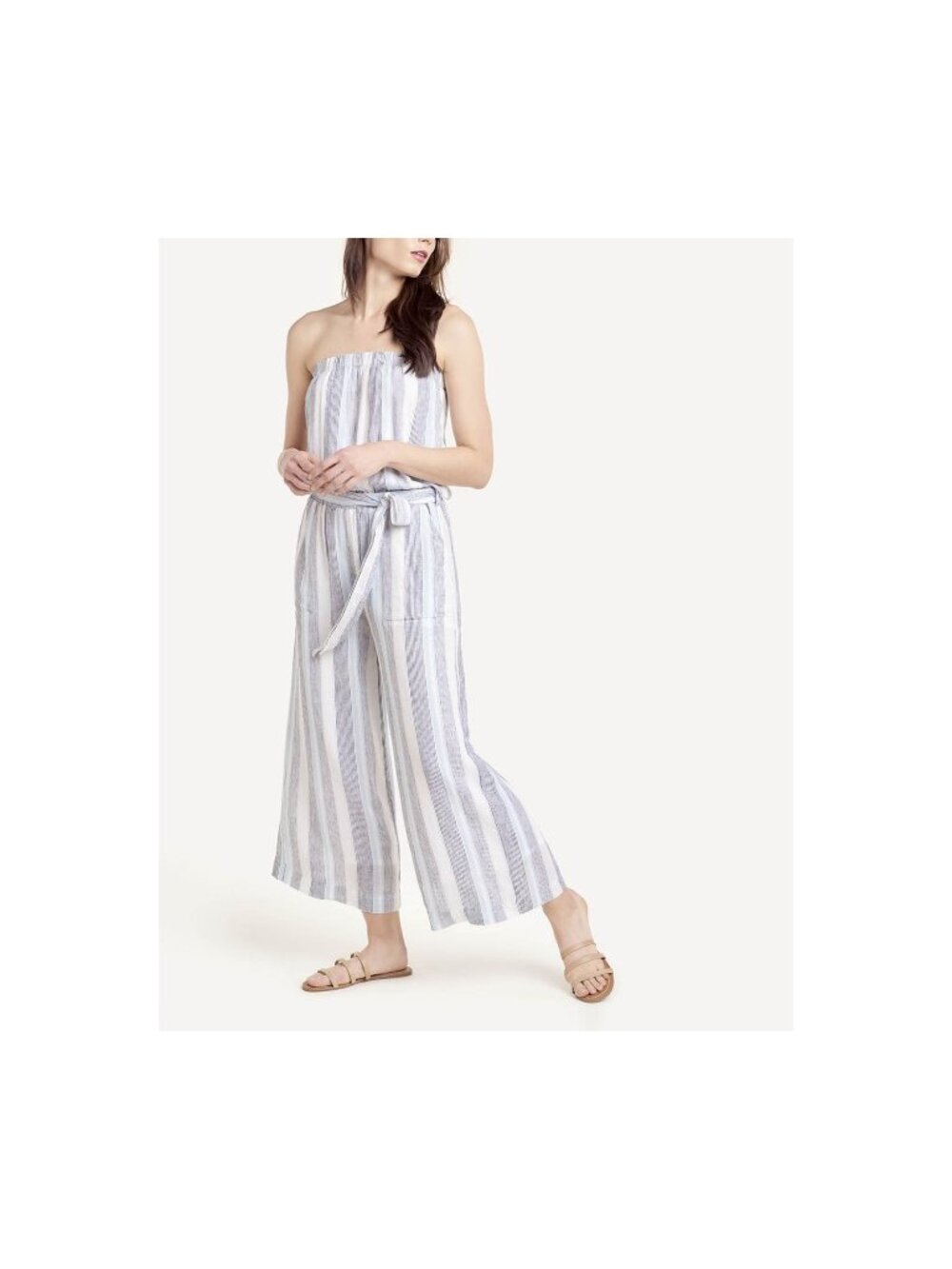 Splendid Women Linen Belted Wide Leg Jumpsuit Gray Blue Stripe Size L MSRP $188